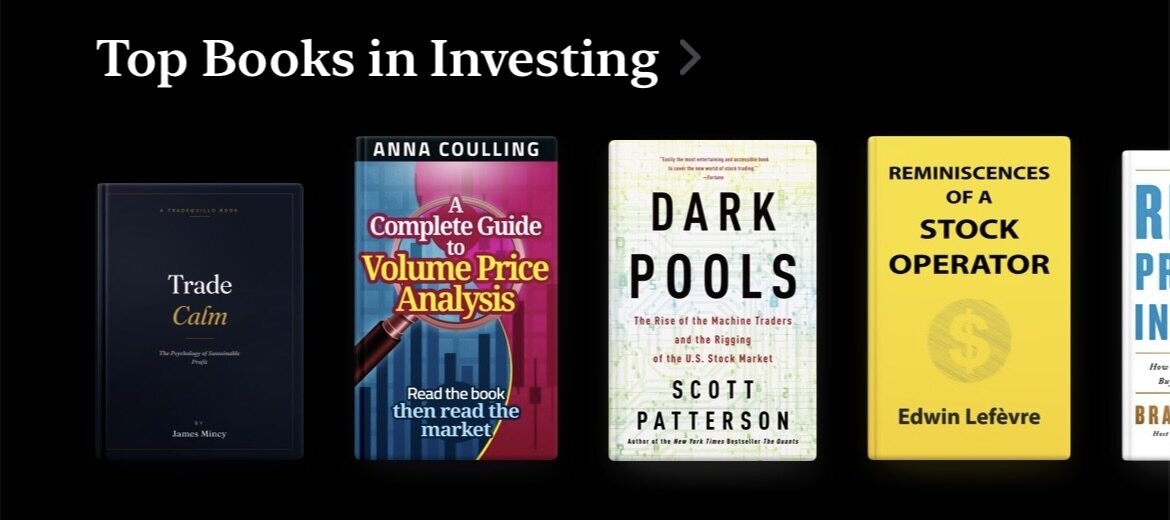 Trade Calm by James Mincy featured first in Apple Books' Top Books in Investing chart, alongside Dark Pools and Reminiscences of a Stock Operator.